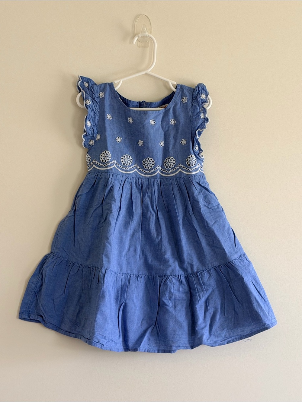 Cat & Jack Girls Blue Embroidered Eyelet Dress Size XS 4/5 Cotton Flutter Sleeve
